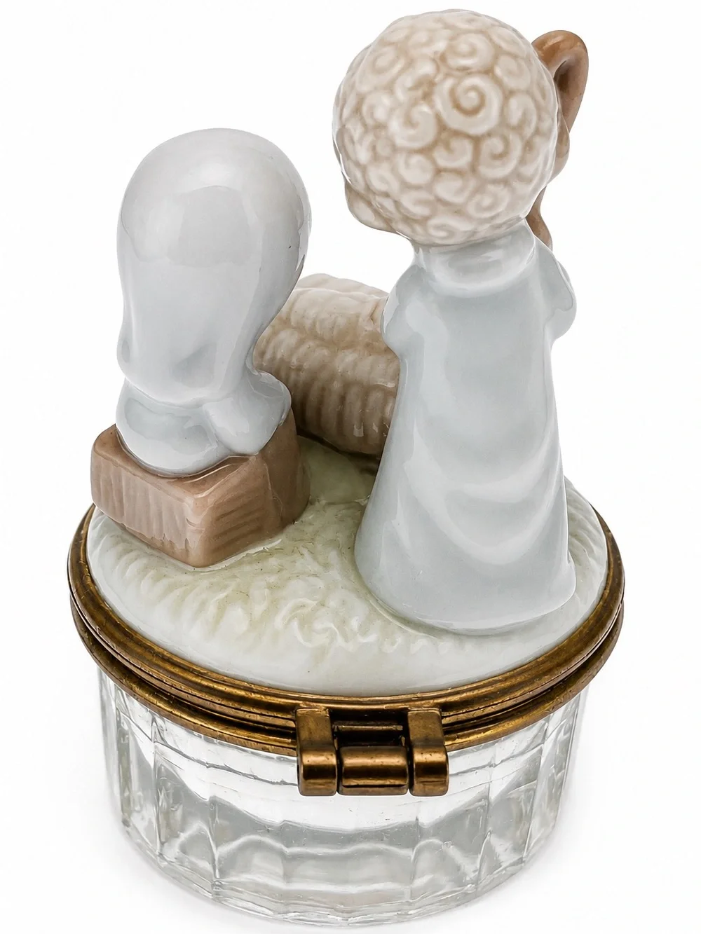 Enesco Porcelain Nativity Figure Trinket Box in White, Cream and Gold